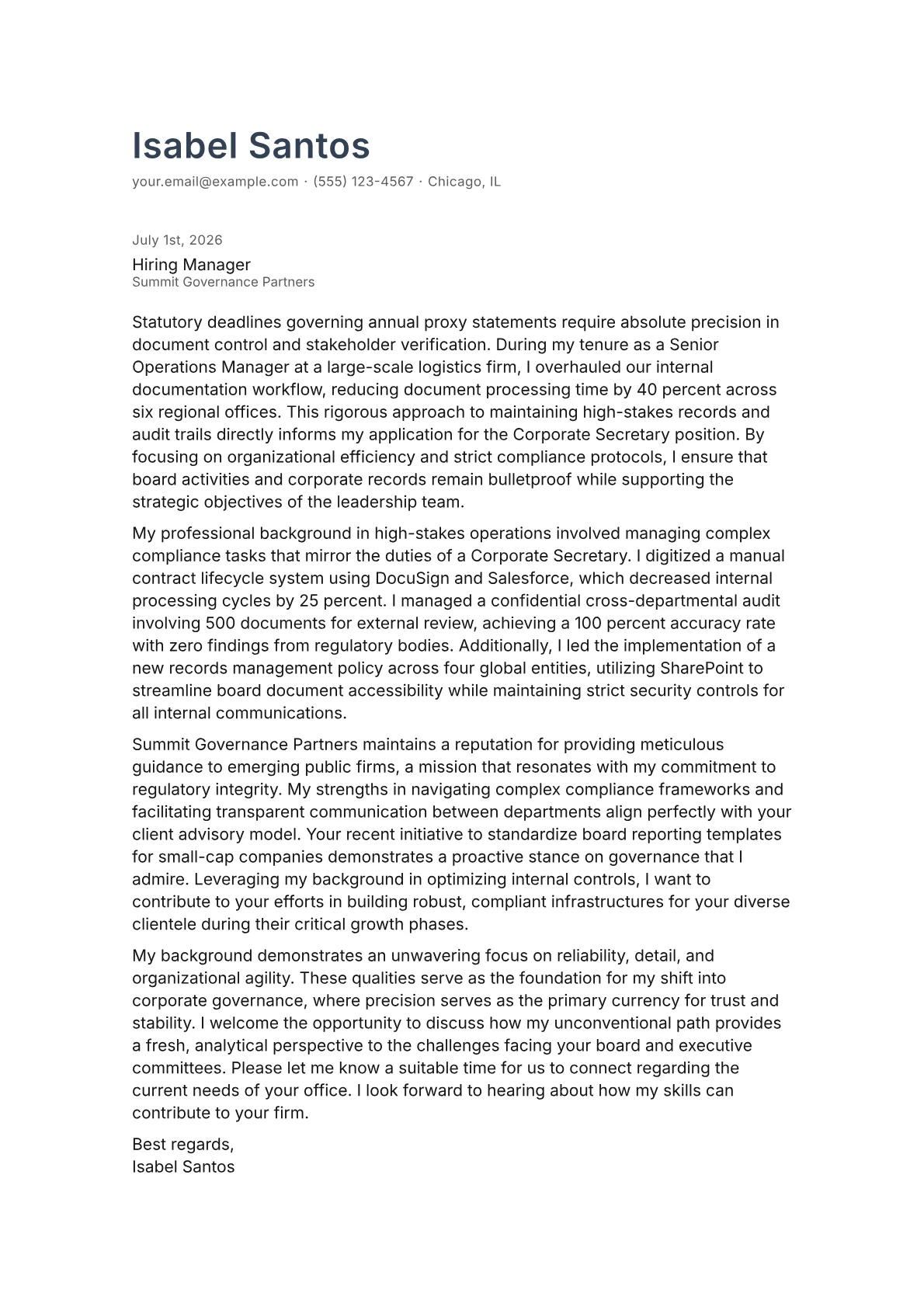 Corporate Secretary cover letter in the Minimal design