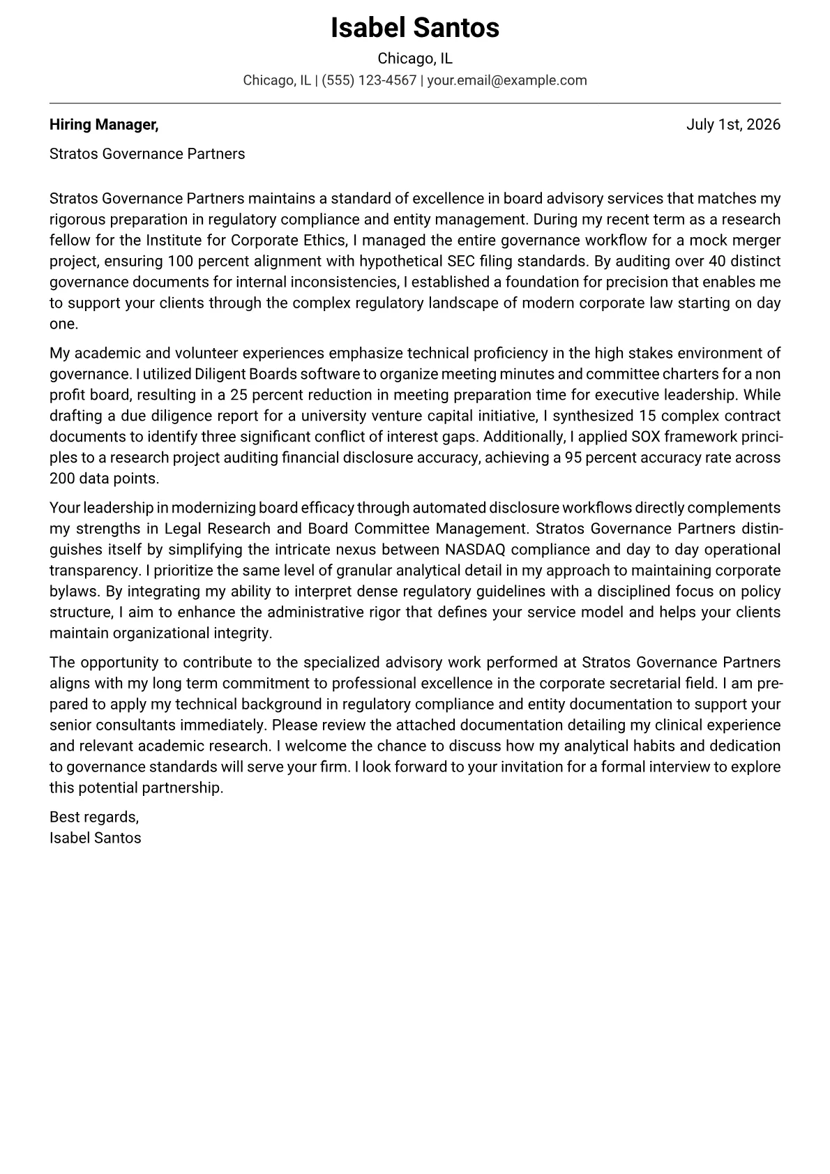 Corporate Secretary cover letter in the Modern design