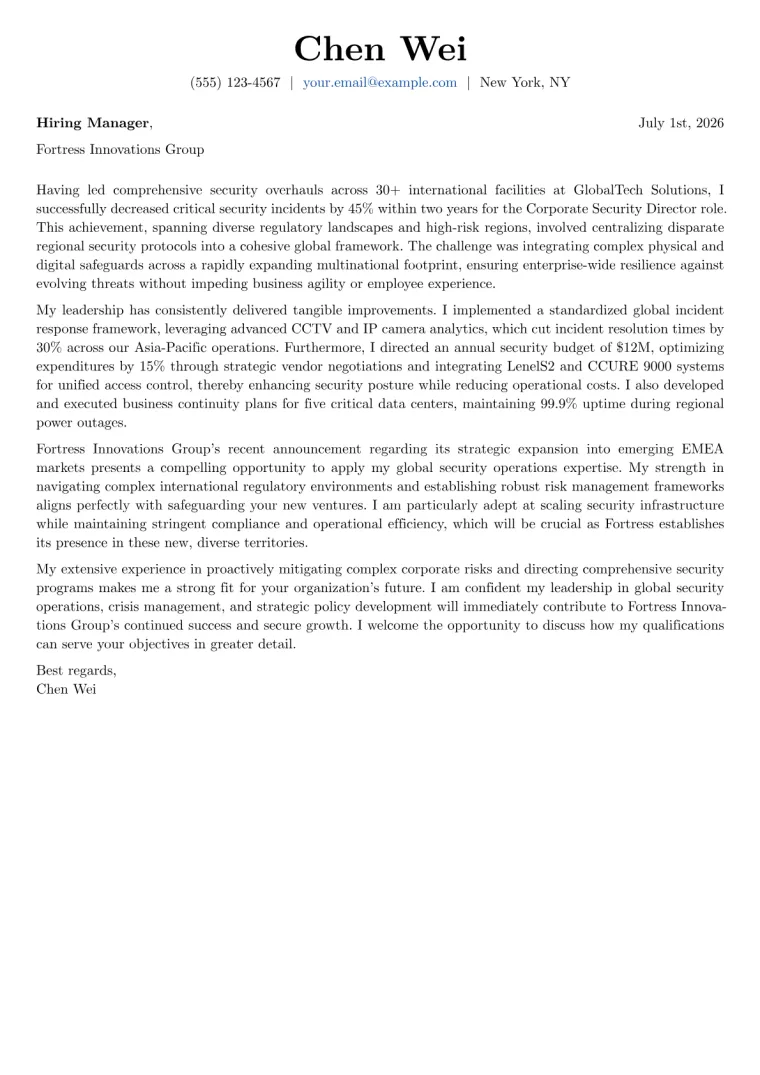 Corporate Security Director Cover Letter Example