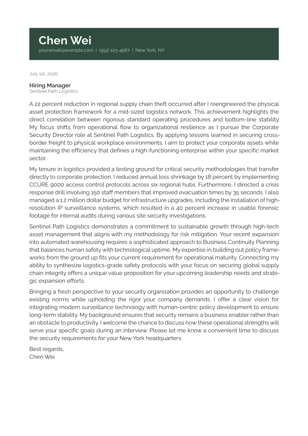 Corporate Security Director cover letter in the Banner design
