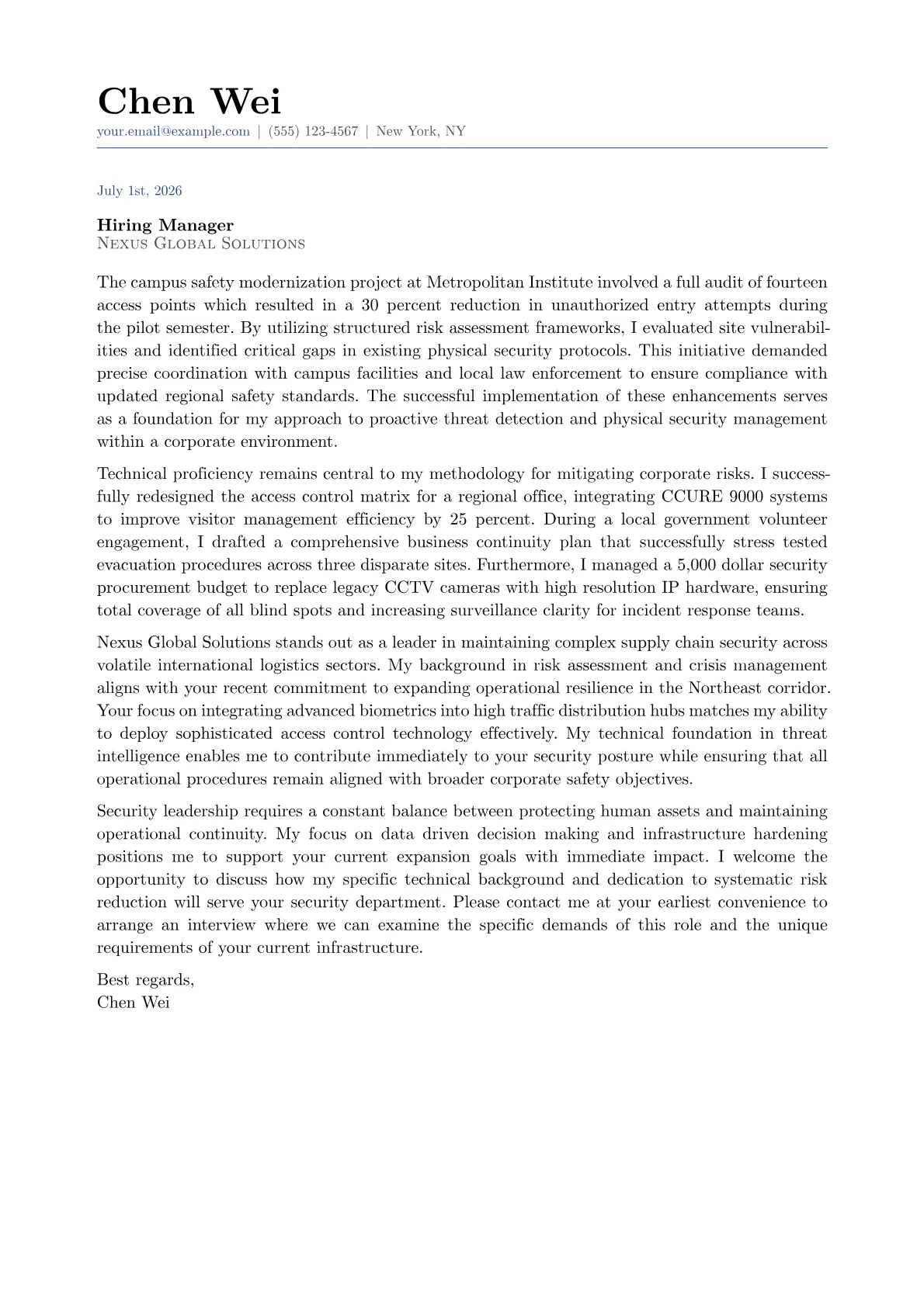 Corporate Security Director cover letter in the Classic design