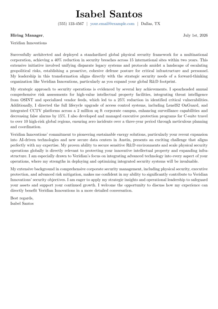 Corporate Security Manager cover letter example preview