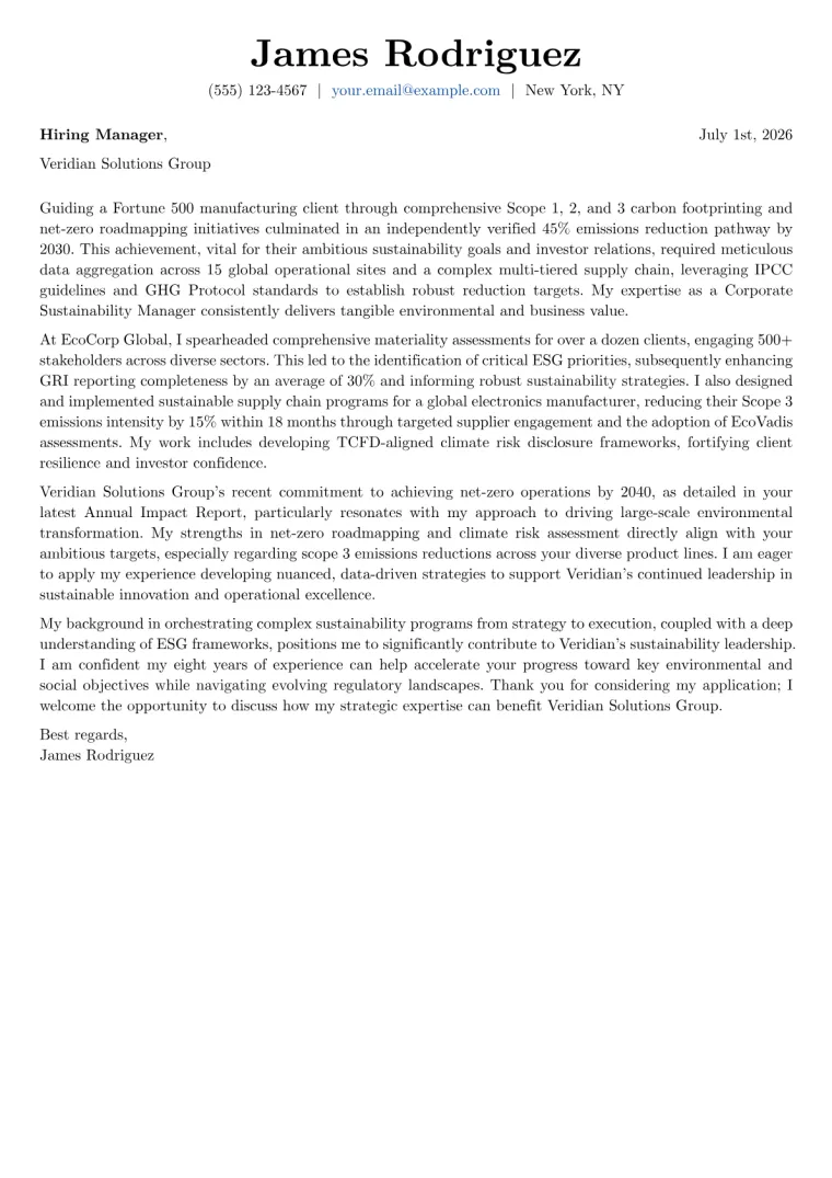 Corporate Sustainability Manager cover letter example preview