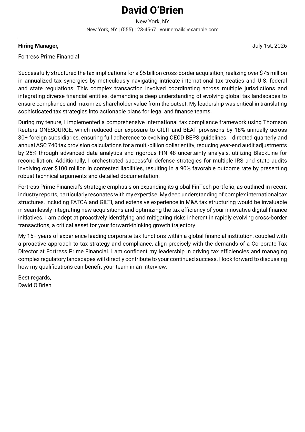 Corporate Tax Director cover letter formatted with a JobSprout template