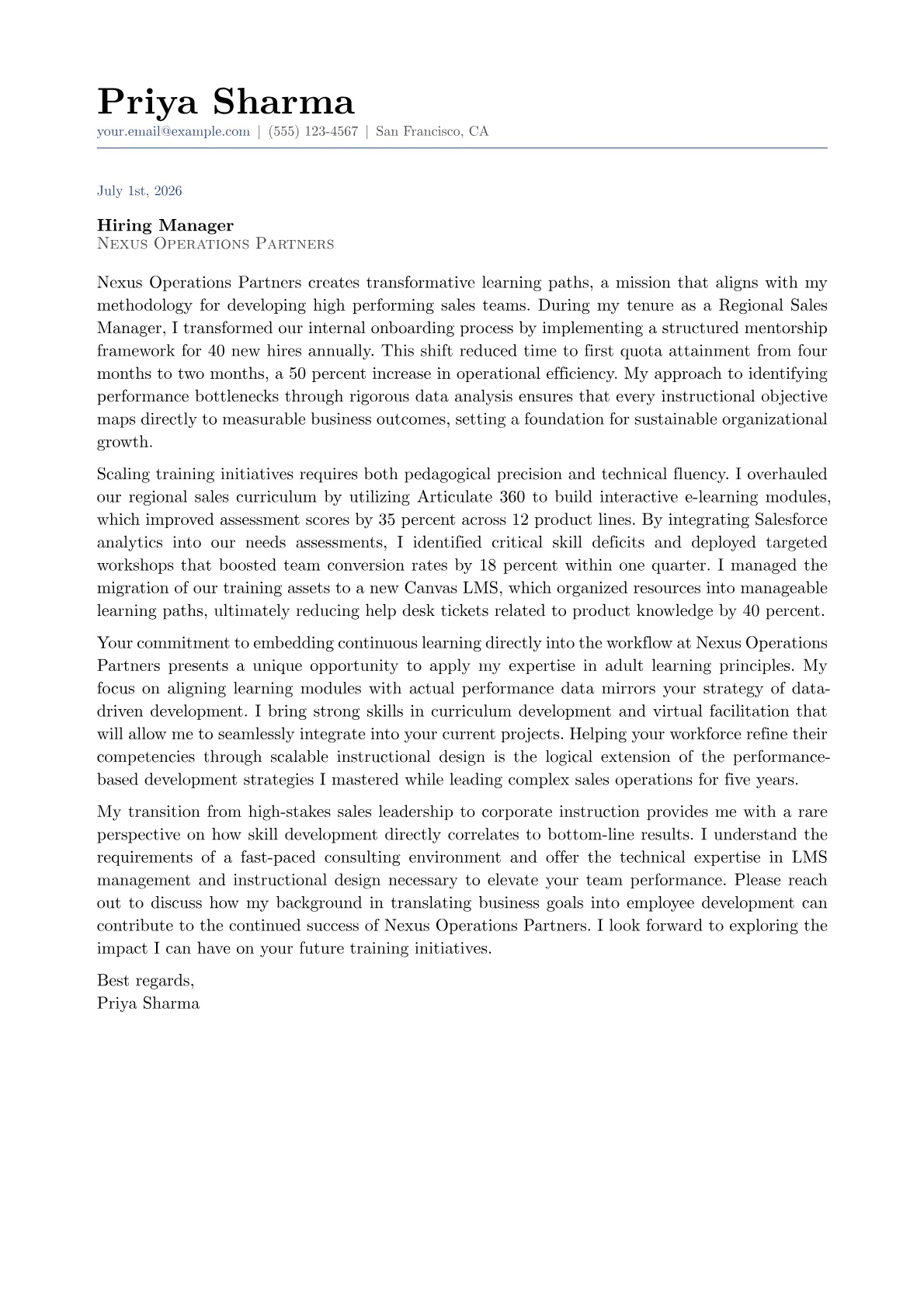 Corporate Trainer cover letter in the Classic design