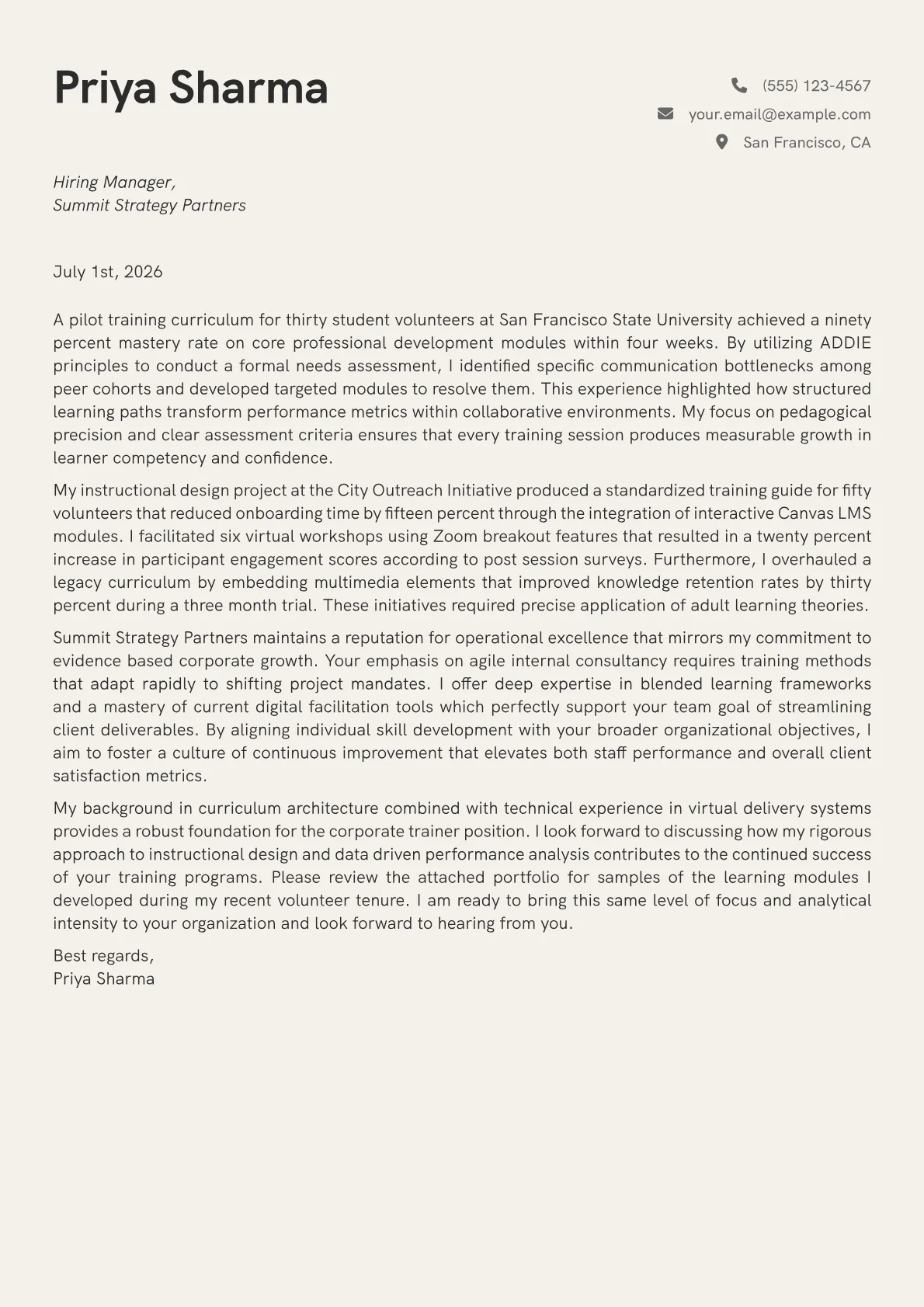 Corporate Trainer cover letter in the Creative design
