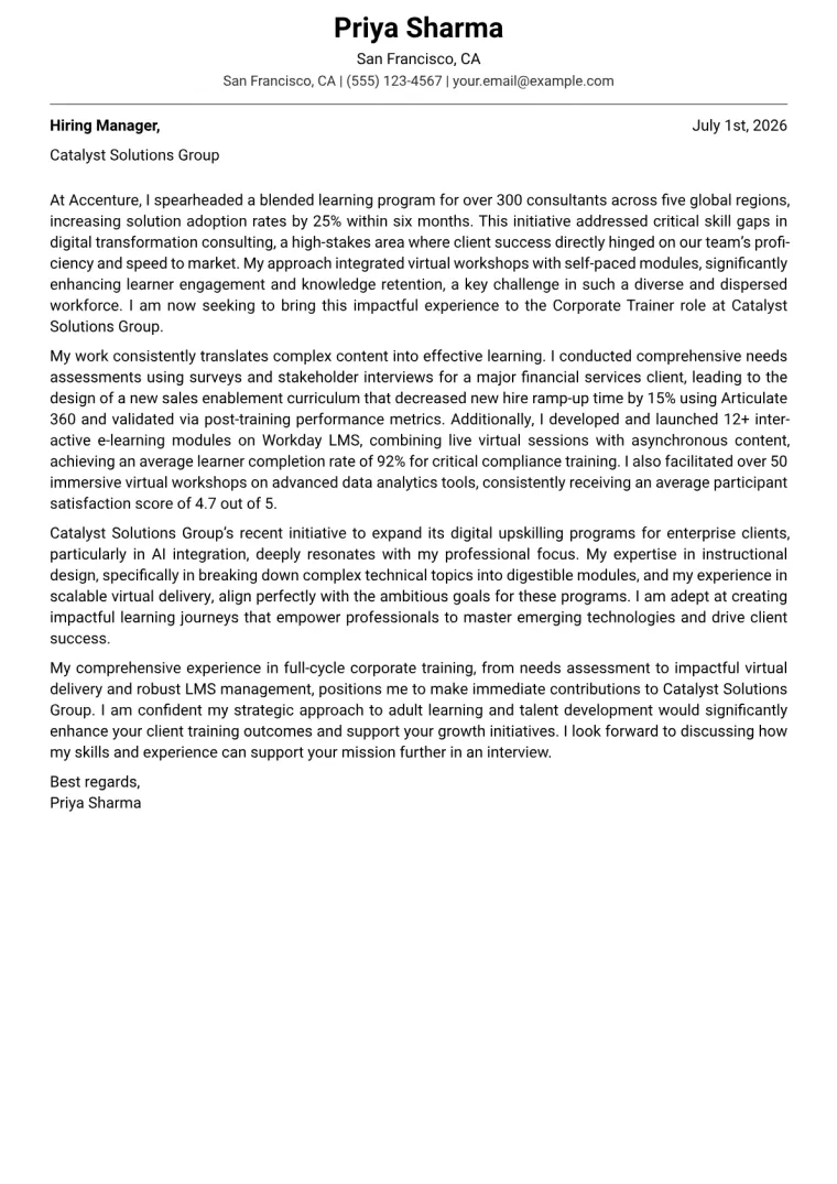 Corporate Trainer cover letter example preview