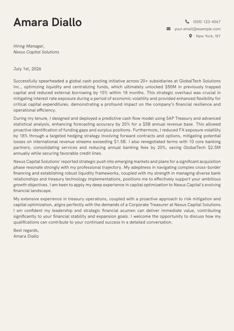 Corporate Treasurer cover letter example preview