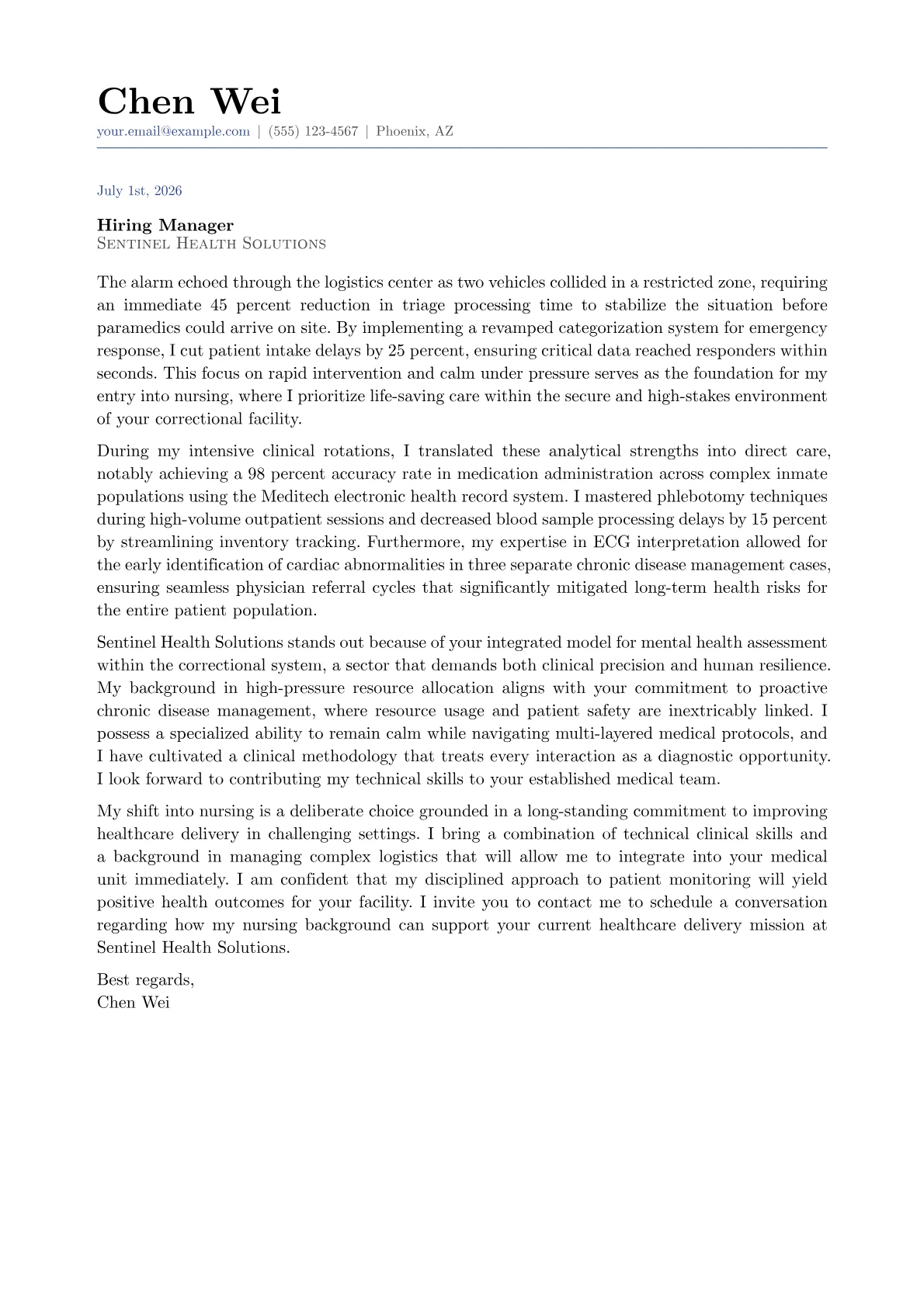 Correctional Nurse cover letter in the Classic design