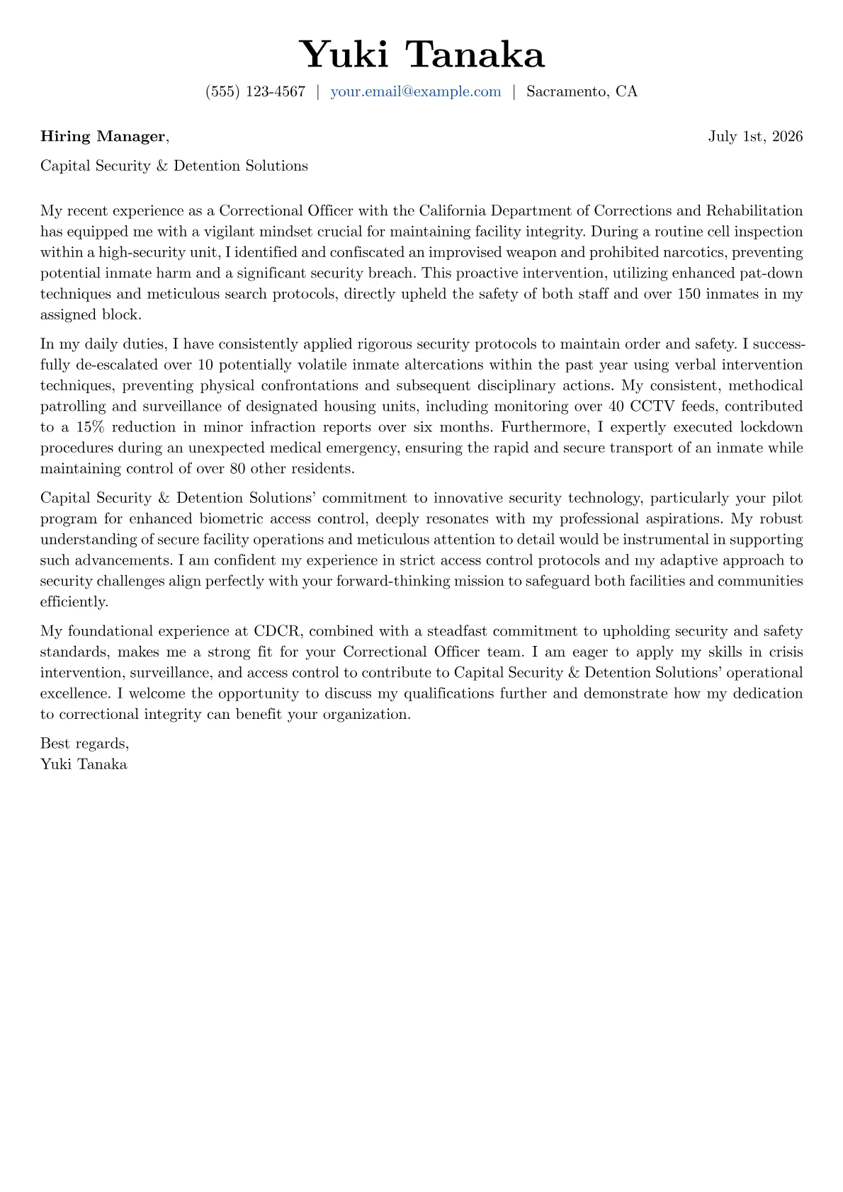 Correctional Officer cover letter formatted with a JobSprout template