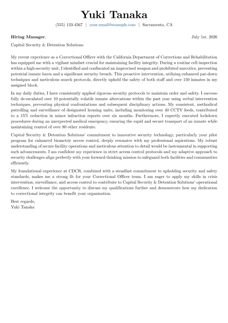 Correctional Officer cover letter example