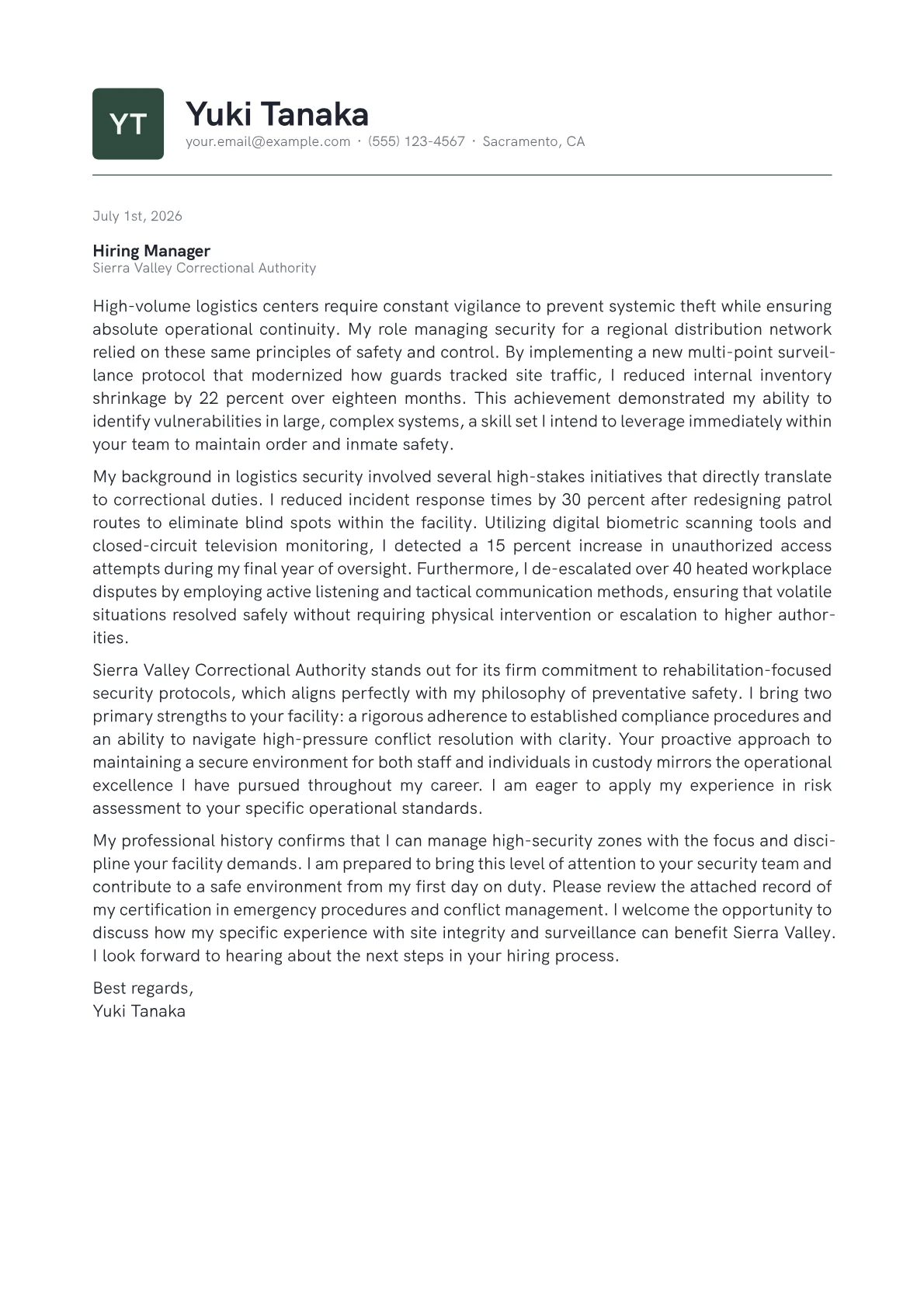 Correctional Officer cover letter in the Emblem design