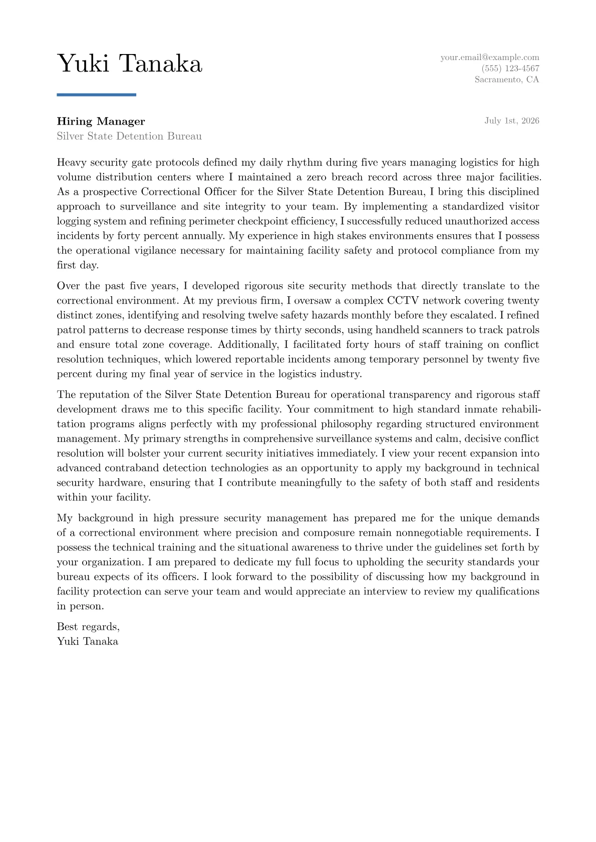 Correctional Officer cover letter in the Executive design