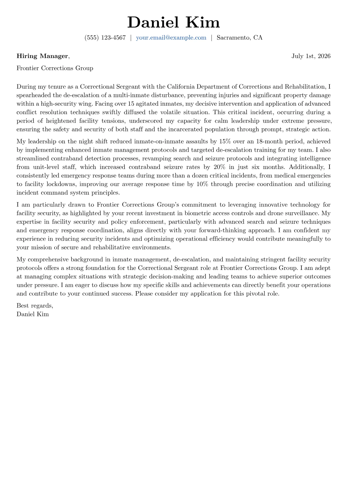 Correctional Sergeant cover letter formatted with a JobSprout template
