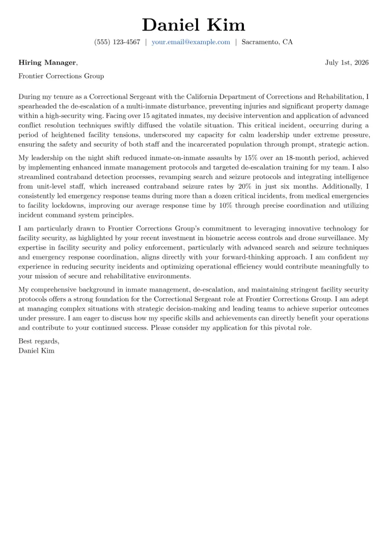 Correctional Sergeant Cover Letter Example