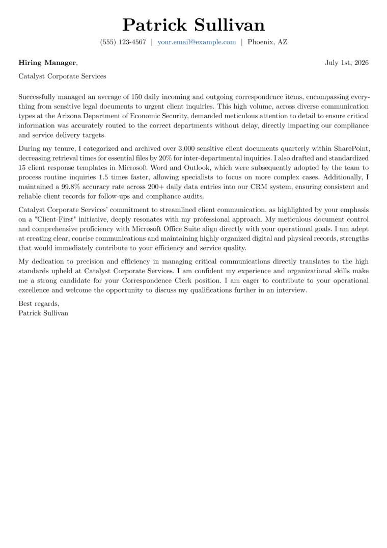 Correspondence Clerk cover letter example preview