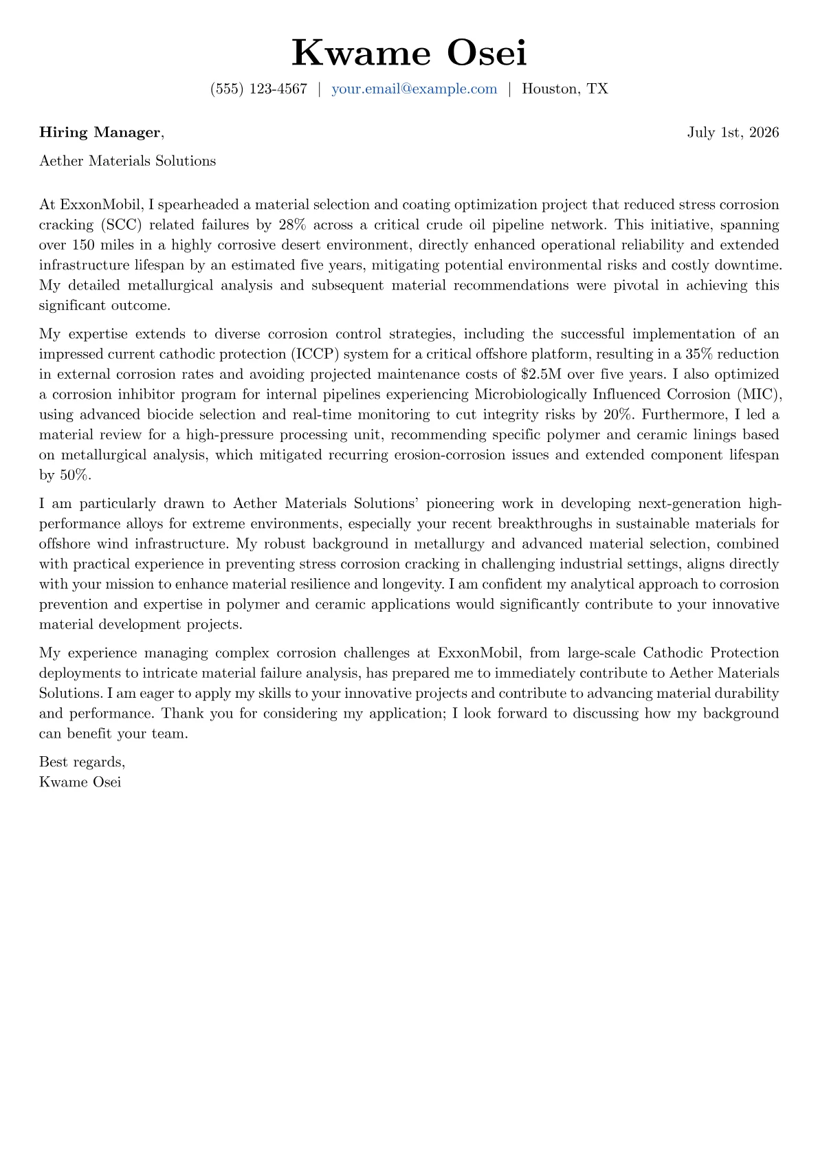 Corrosion Engineer cover letter formatted with a JobSprout template
