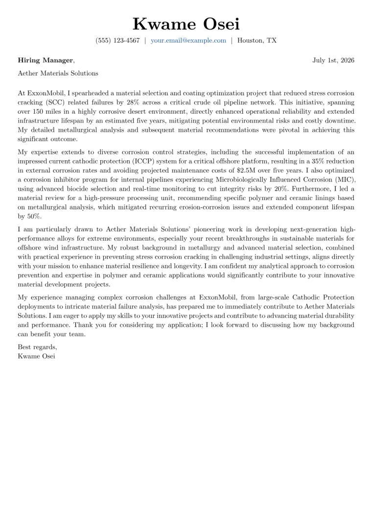 Corrosion Engineer cover letter example preview