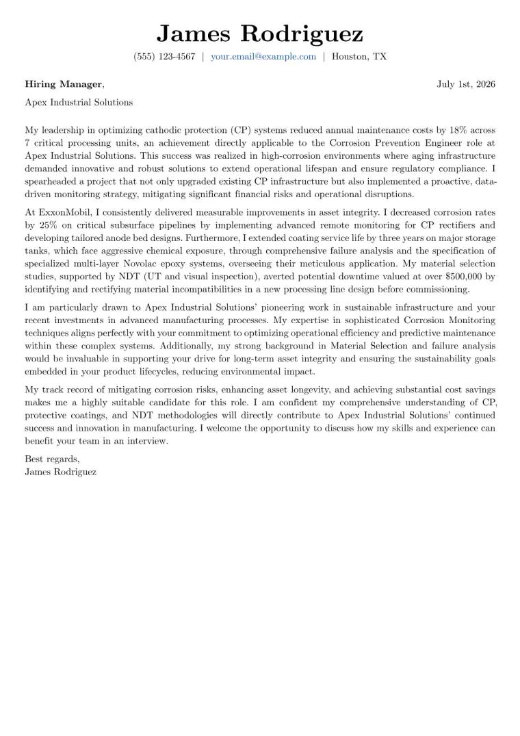 Corrosion Prevention Engineer cover letter example preview