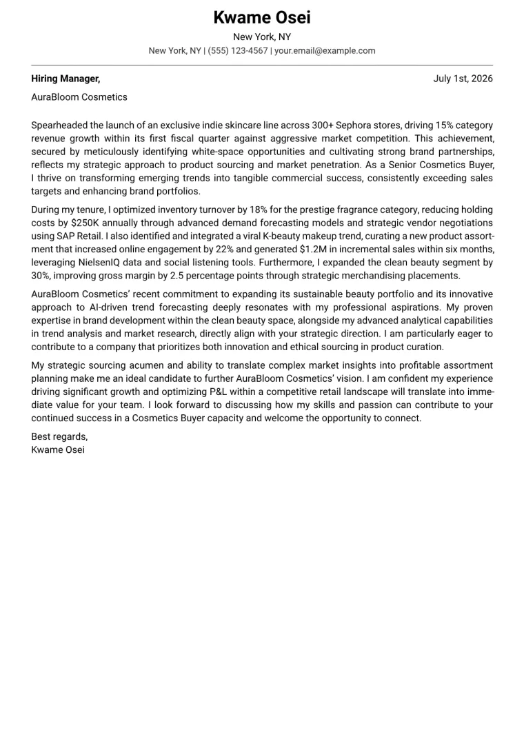 Cosmetics Buyer cover letter example preview