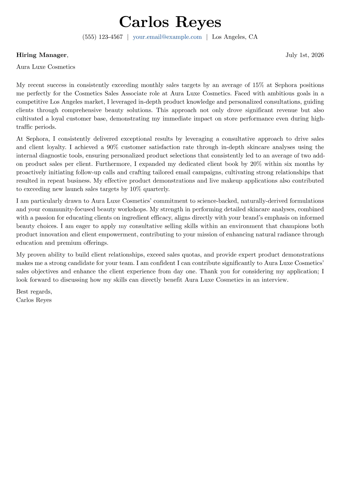 Cosmetics Sales Associate cover letter formatted with a JobSprout template