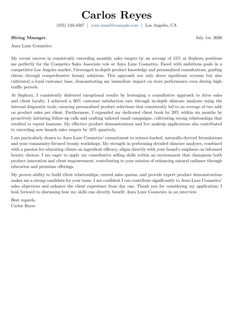 Cosmetics Sales Associate cover letter example preview