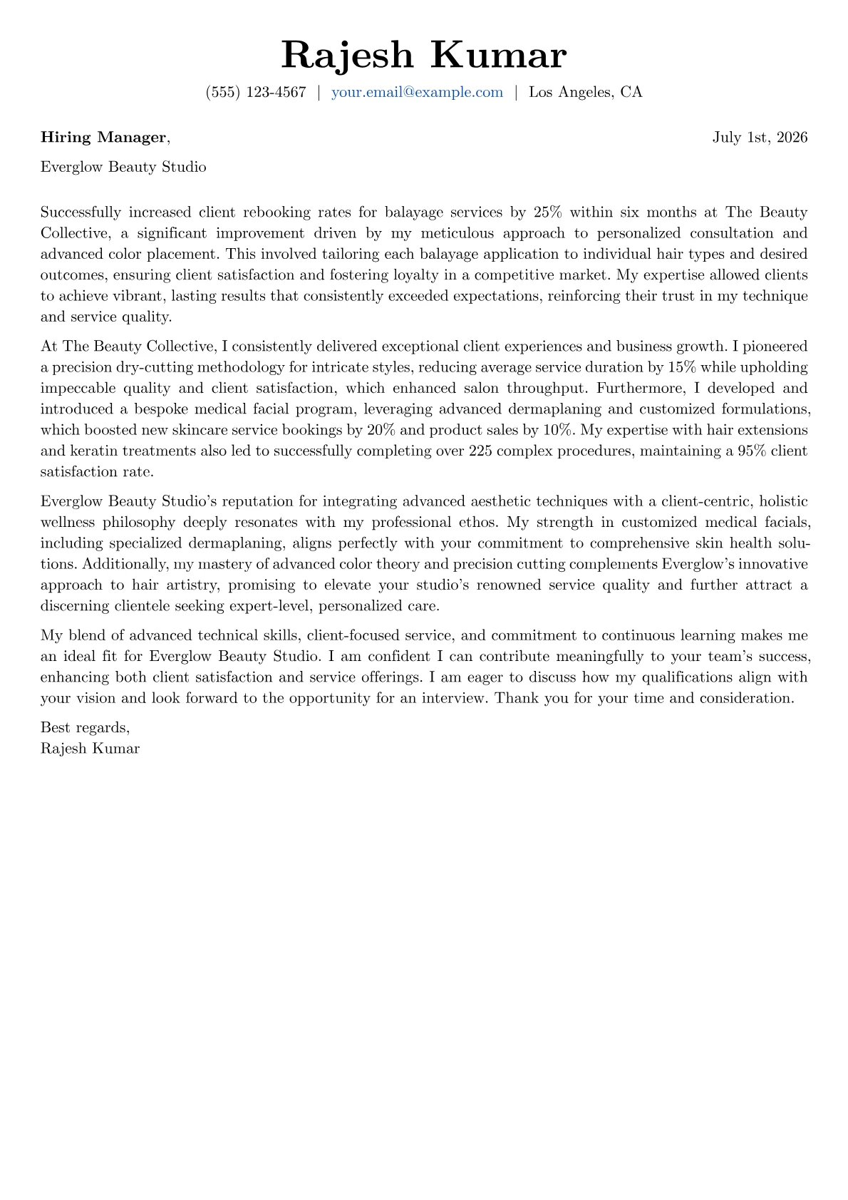 Cosmetologist cover letter formatted with a JobSprout template