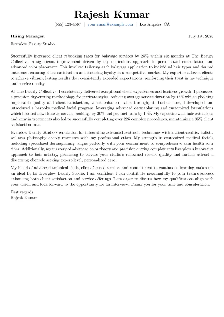 Cosmetologist Cover Letter Example