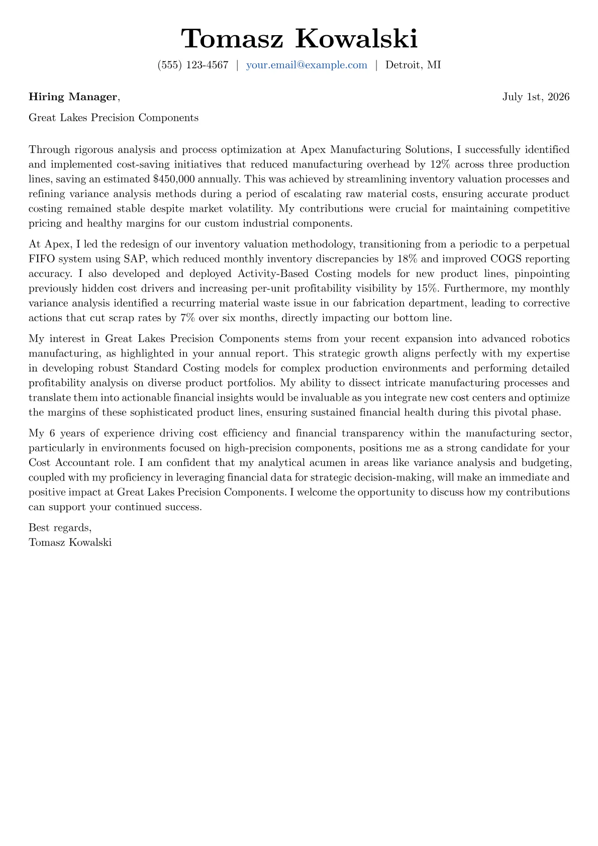 Cost Accountant cover letter formatted with a JobSprout template