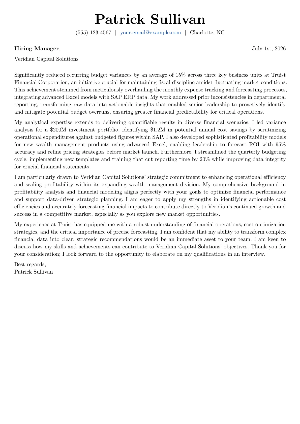 Cost Analyst cover letter formatted with a JobSprout template