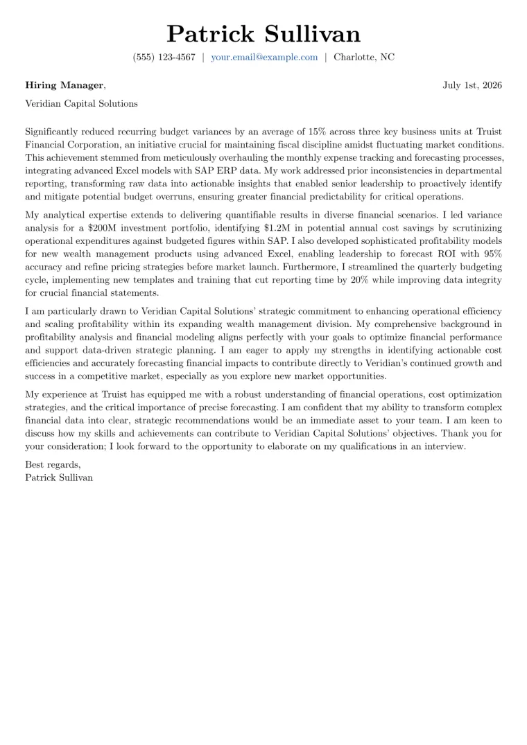 Cost Analyst cover letter example preview