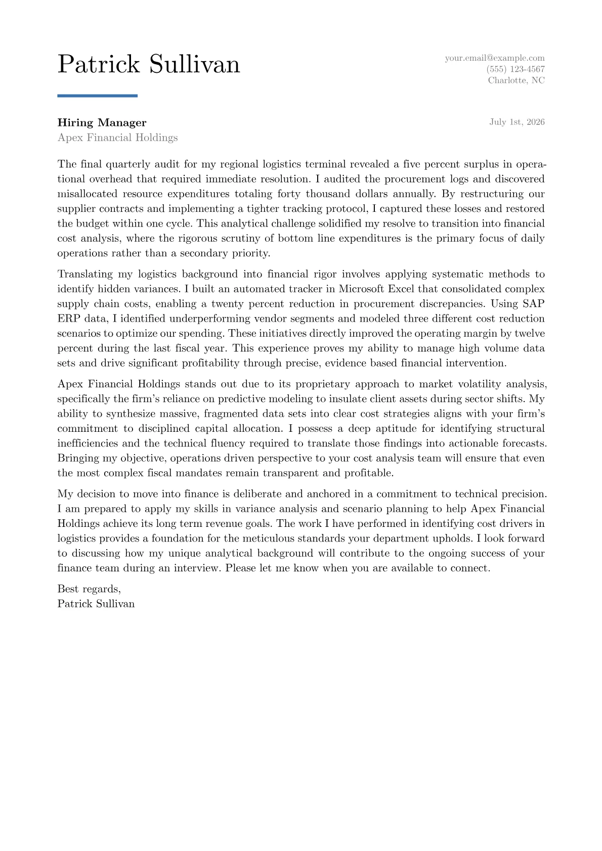 Cost Analyst cover letter in the Executive design