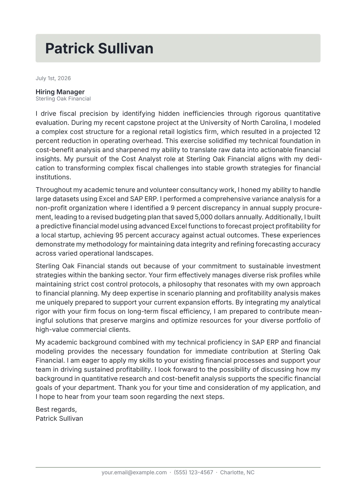 Cost Analyst cover letter in the Letterhead design