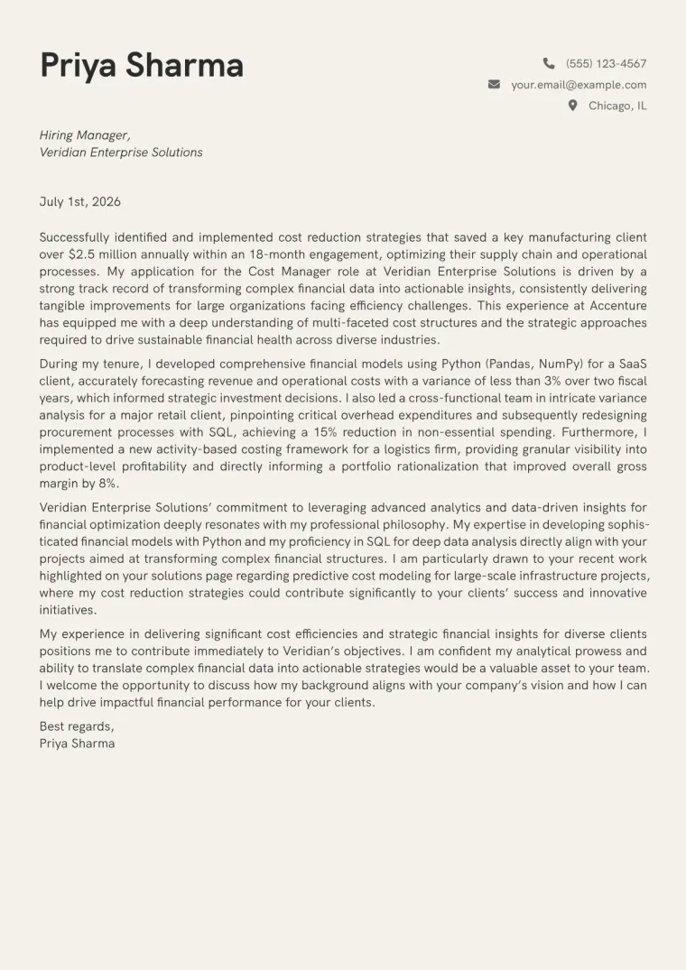 Cost Manager cover letter example