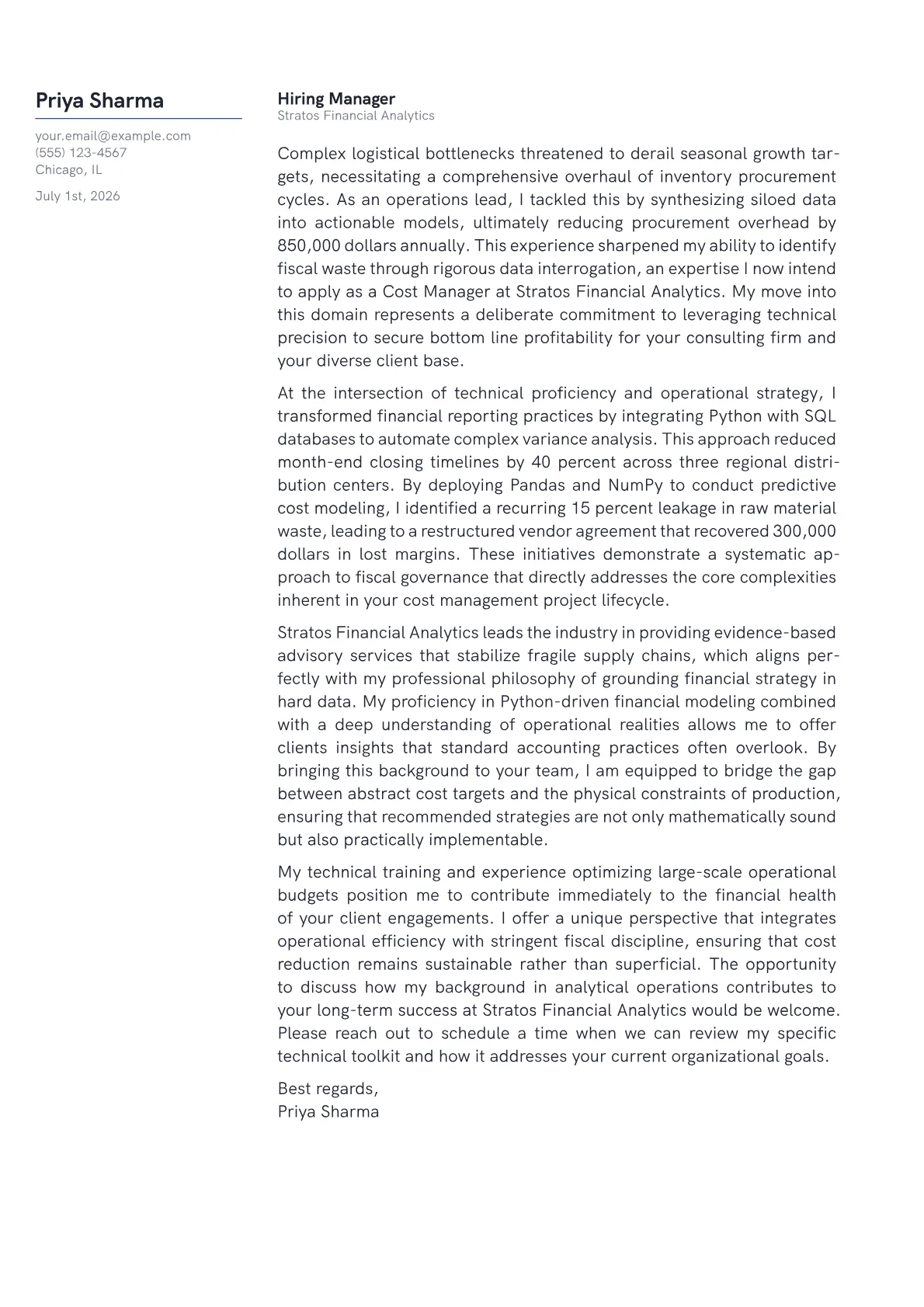 Cost Manager cover letter in the Margin design