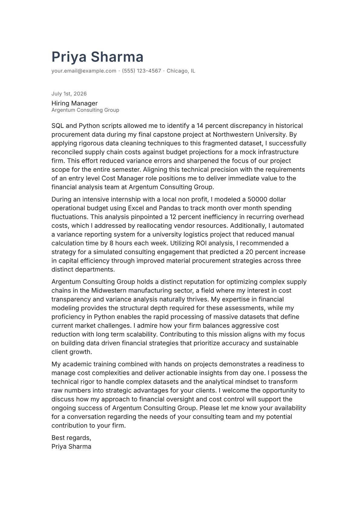 Cost Manager cover letter in the Minimal design