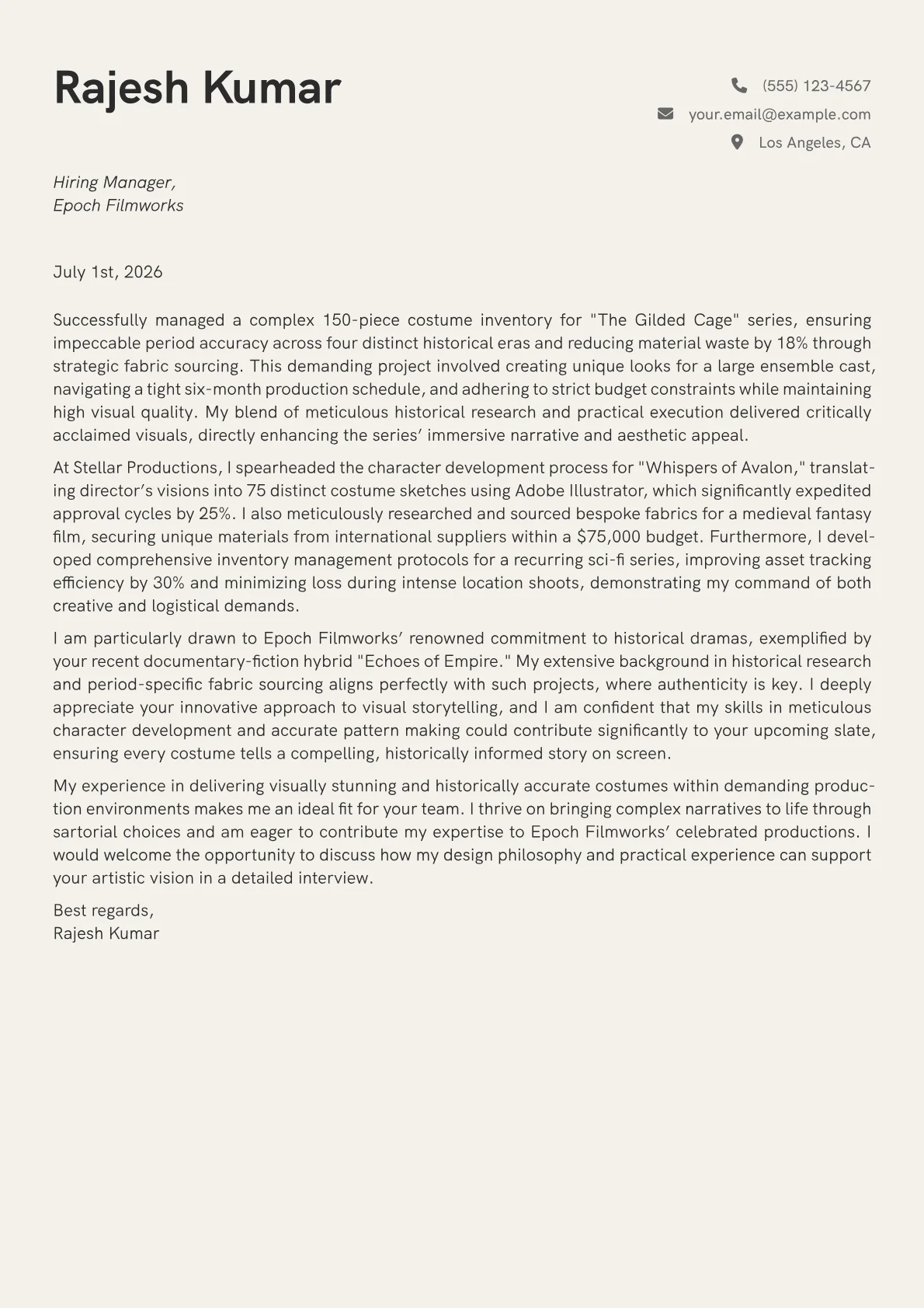 Costume Designer cover letter formatted with a JobSprout template