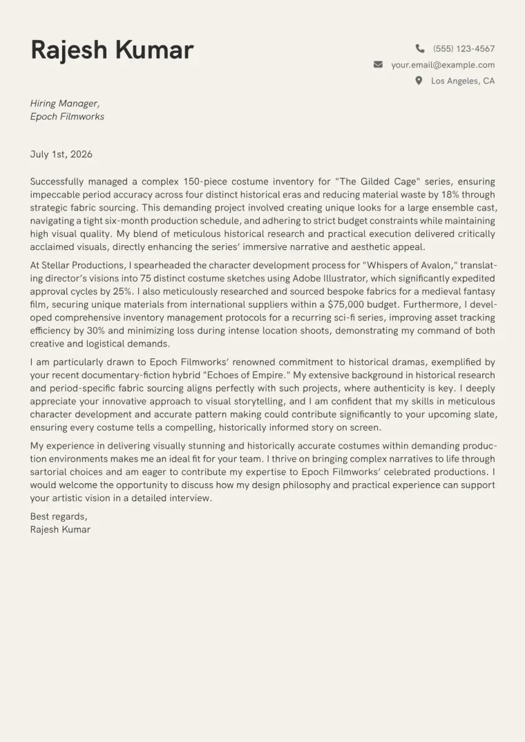 Costume Designer cover letter example preview