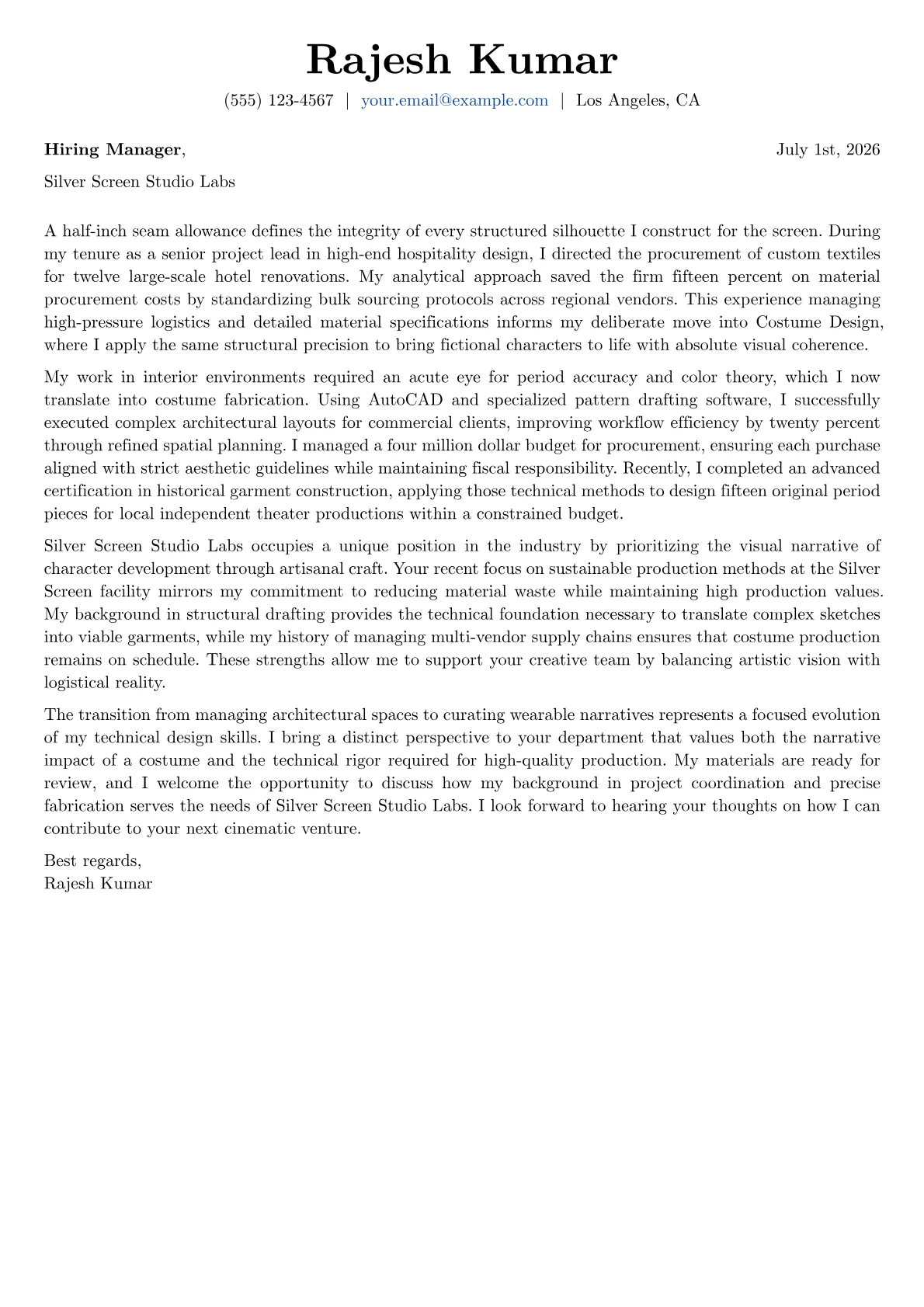Costume Designer cover letter in the Basic design