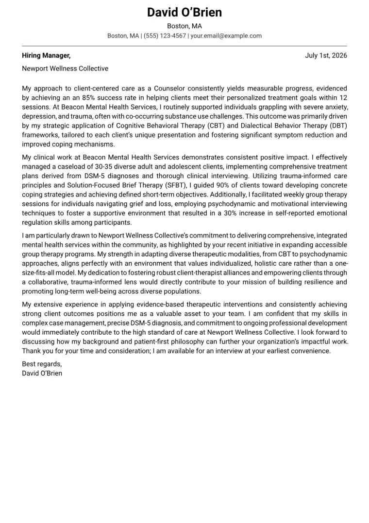 Counselor Cover Letter Example