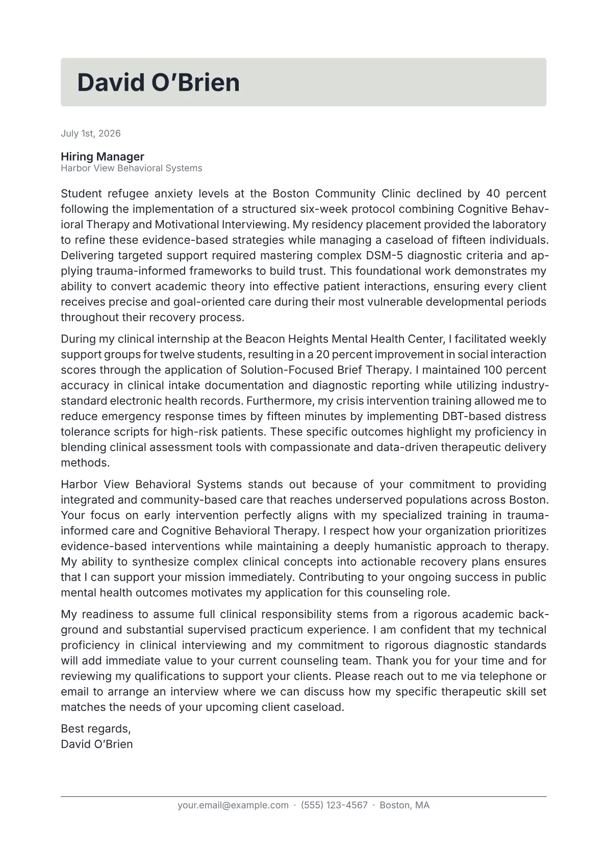 Counselor cover letter in the Letterhead design