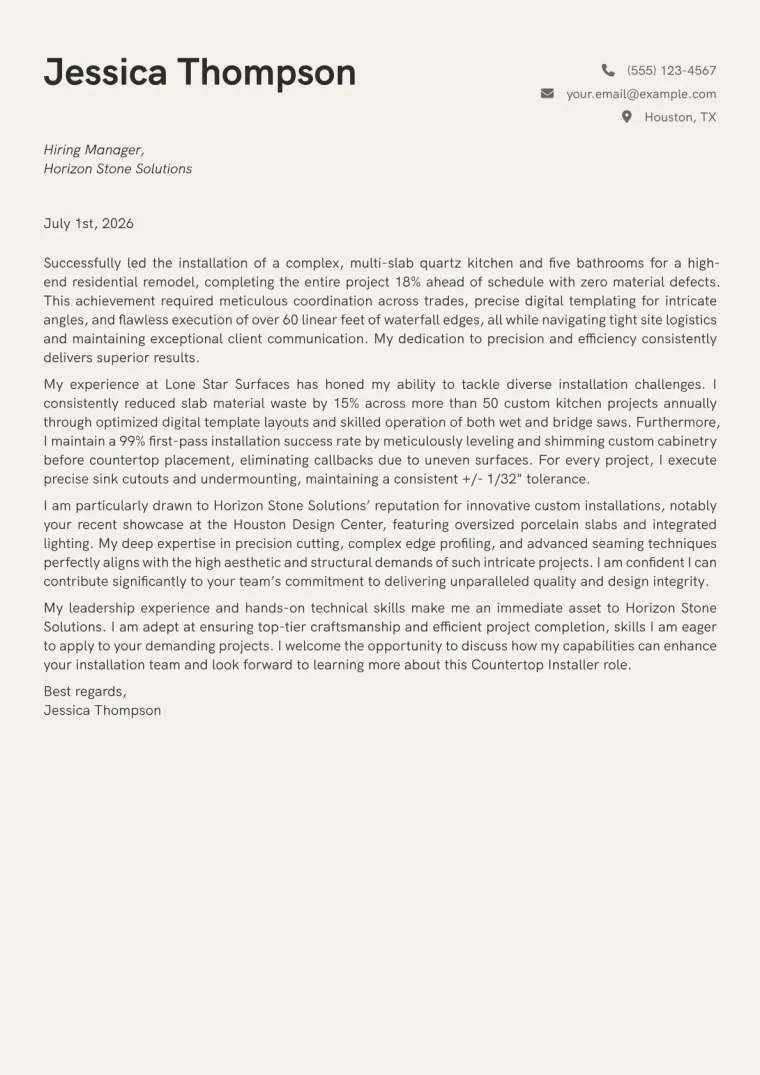 Countertop Installer cover letter example preview