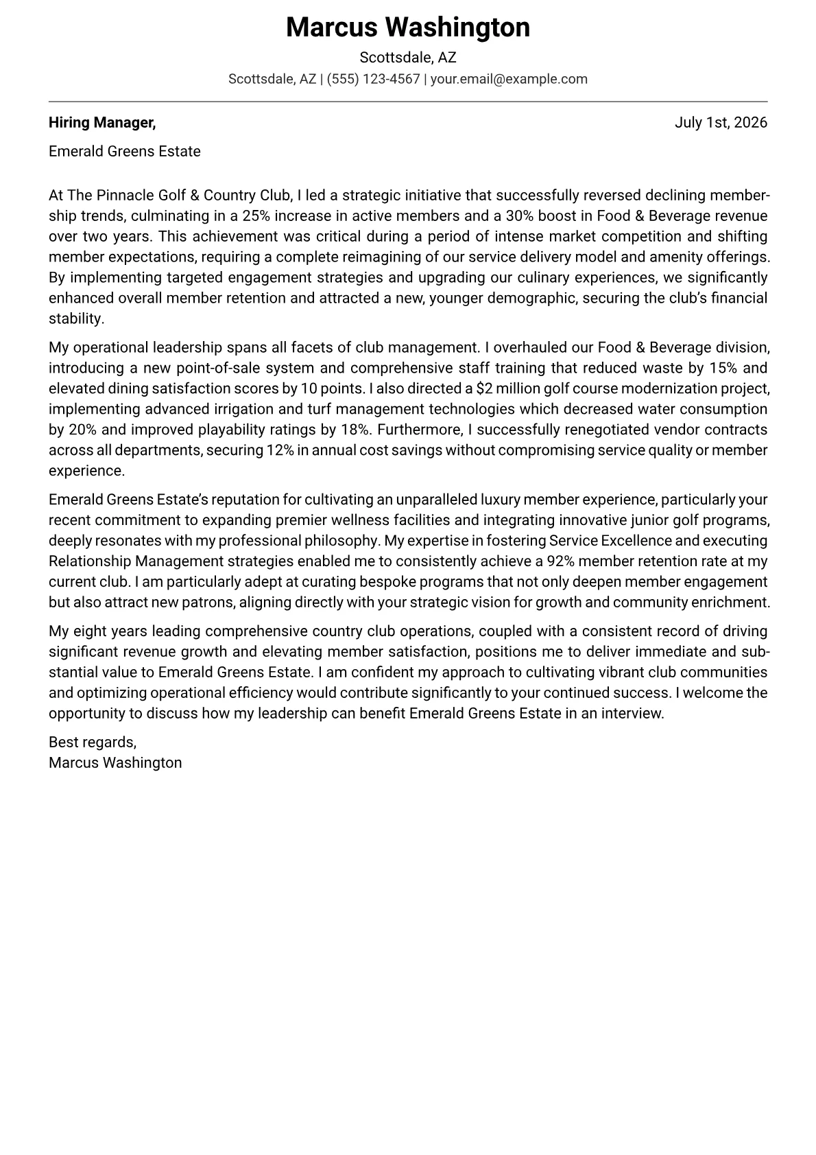 Country Club Manager cover letter formatted with a JobSprout template