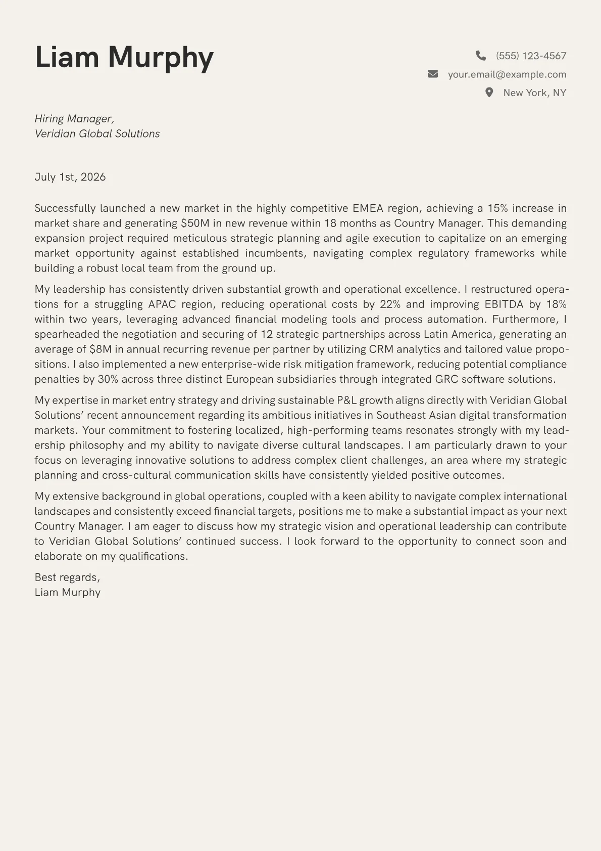 Country Manager cover letter formatted with a JobSprout template