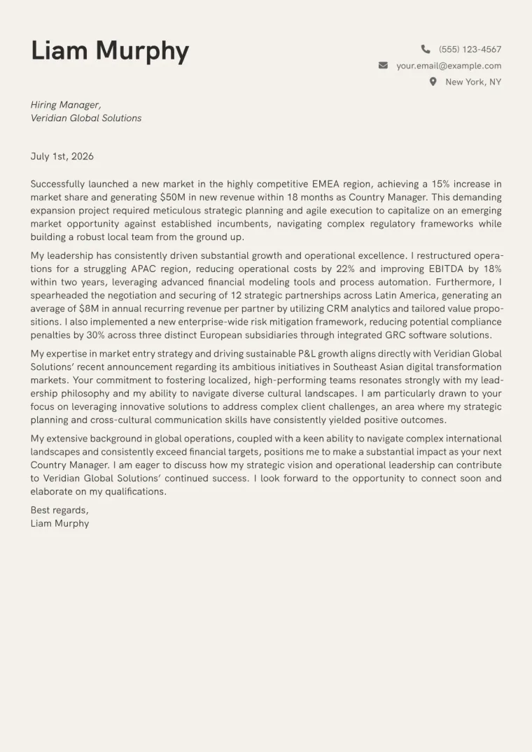 Country Manager Cover Letter Example