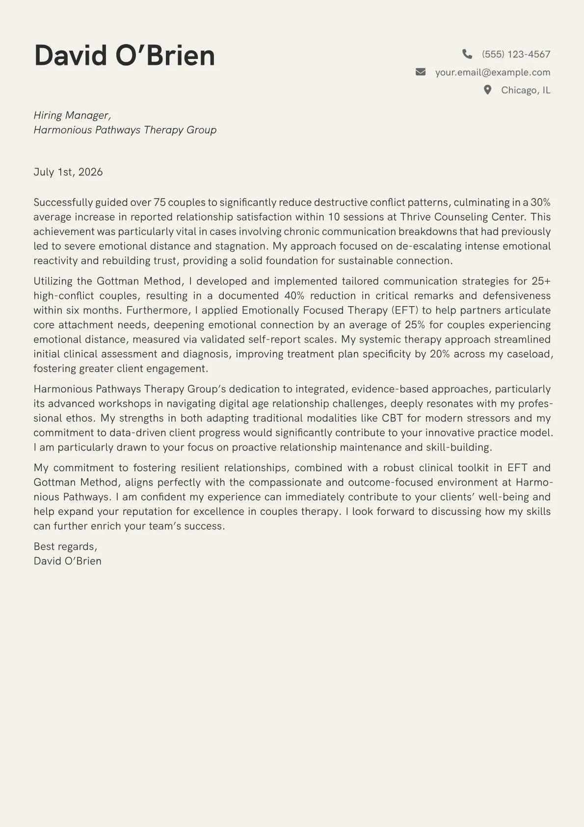 Couples Therapist cover letter formatted with a JobSprout template