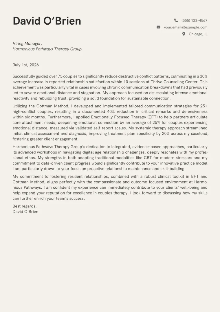 Couples Therapist cover letter example preview