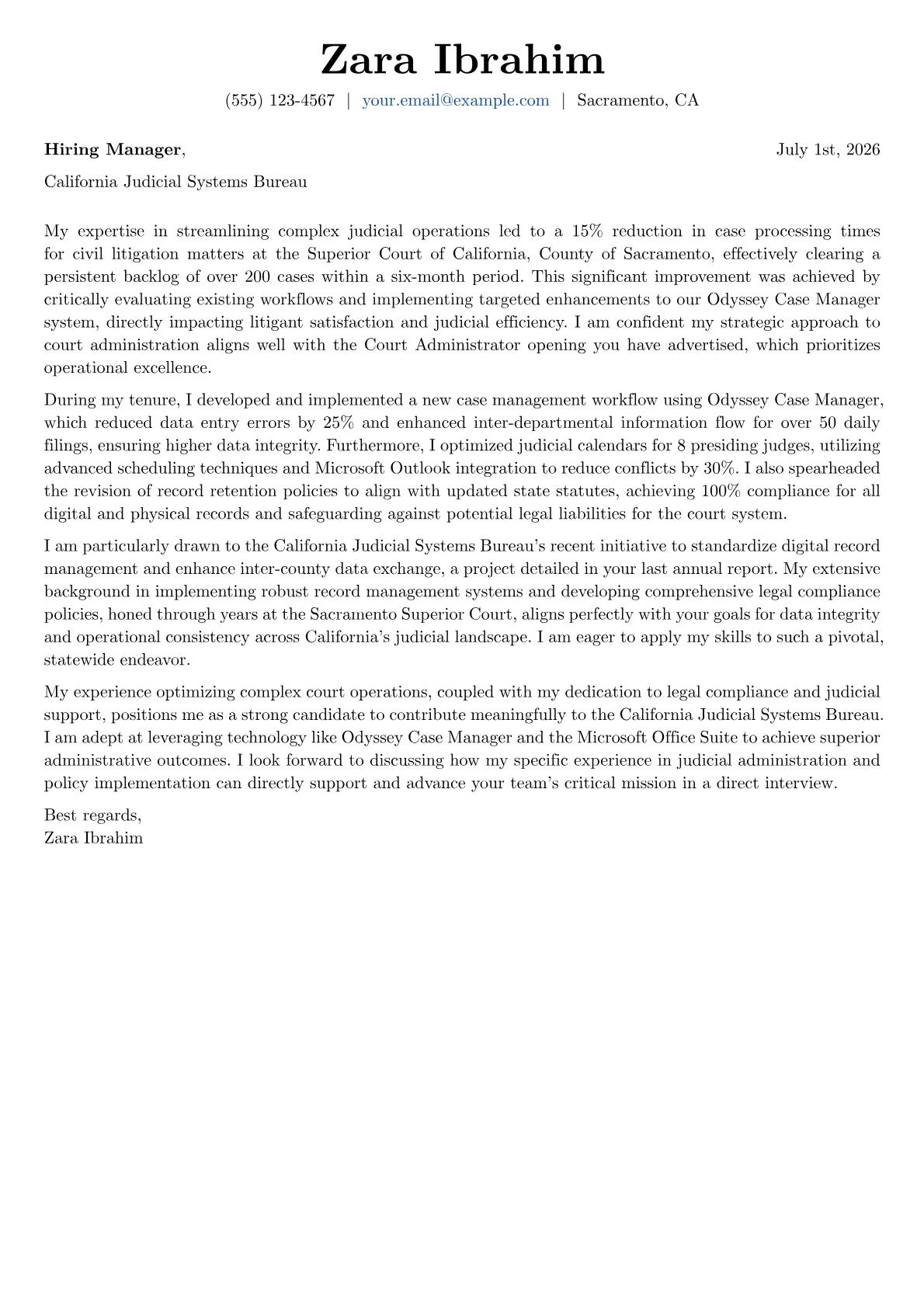 Court Administrator cover letter formatted with a JobSprout template