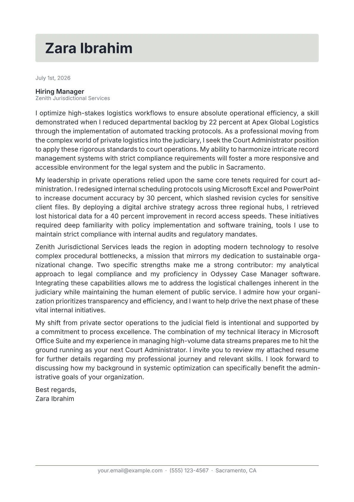 Court Administrator cover letter in the Letterhead design