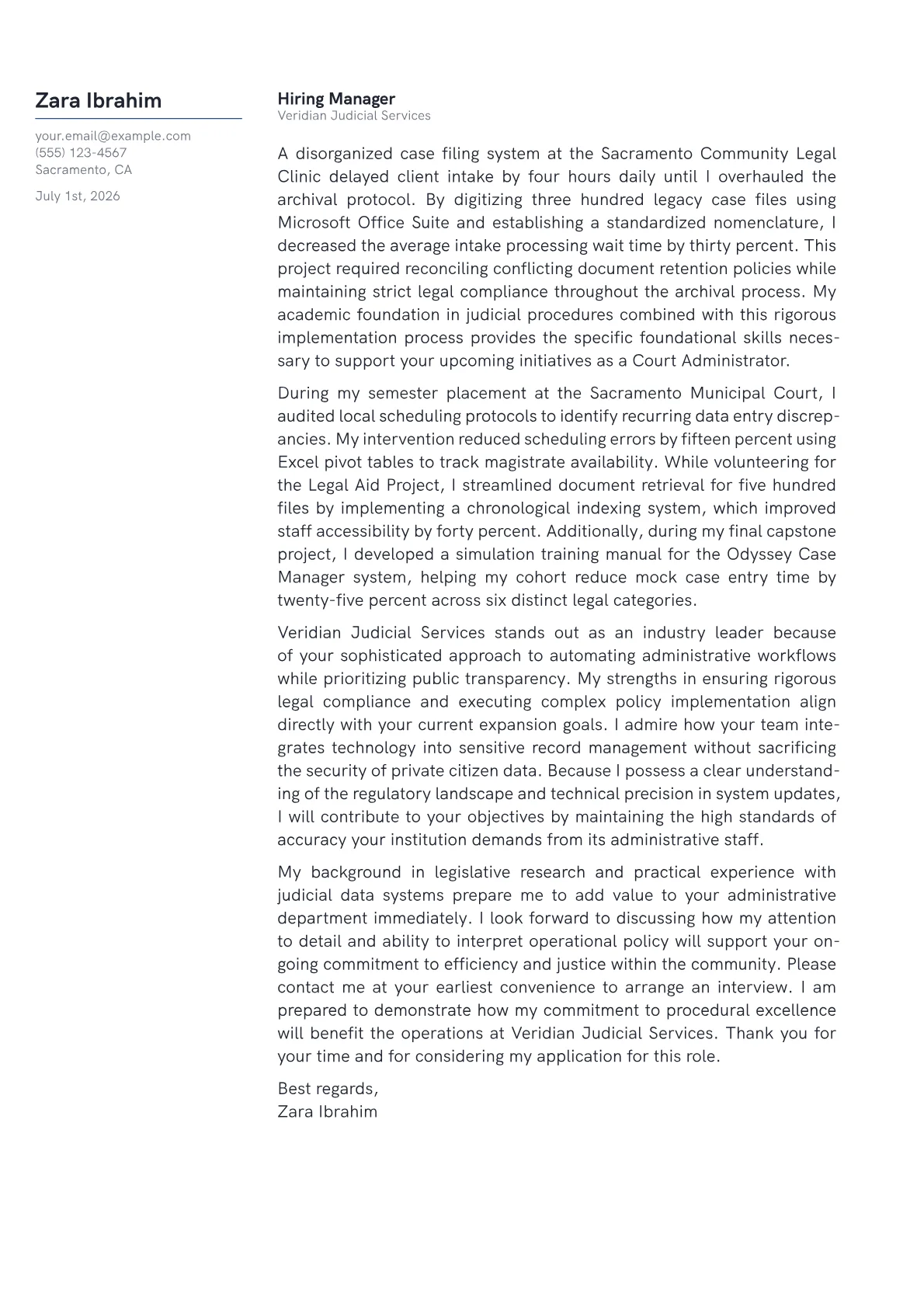 Court Administrator cover letter in the Margin design